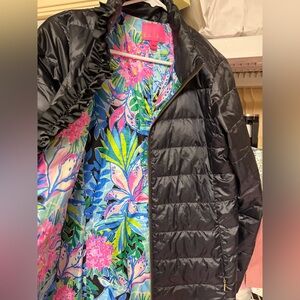 Lilly Pulitzer Black Jacket with Colorful Floral Lining has ruffle by the zipper